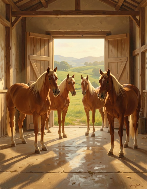 Paarden in ruime, lichte stal met uitzicht op weiland