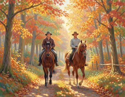 Groep ruiters ontspannen door herfstbos op buitenrit