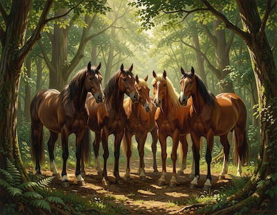 Paarden in groepje door bosrijke omgeving