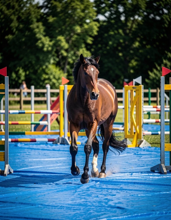 Paard loopt kalm over een blauwe tarp in een obstakelparcours