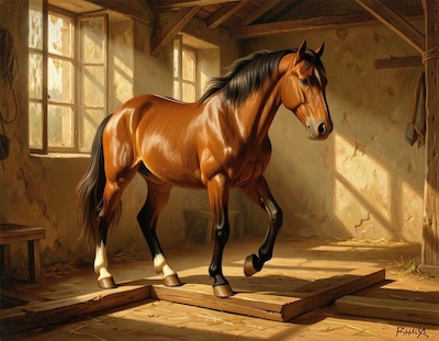 Paard stapt voorzichtig over een lage balk