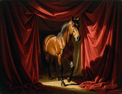 Paard loopt ontspannen door een tunnel van doek