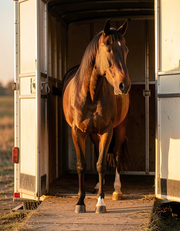 Paard loopt ontspannen de trailer in