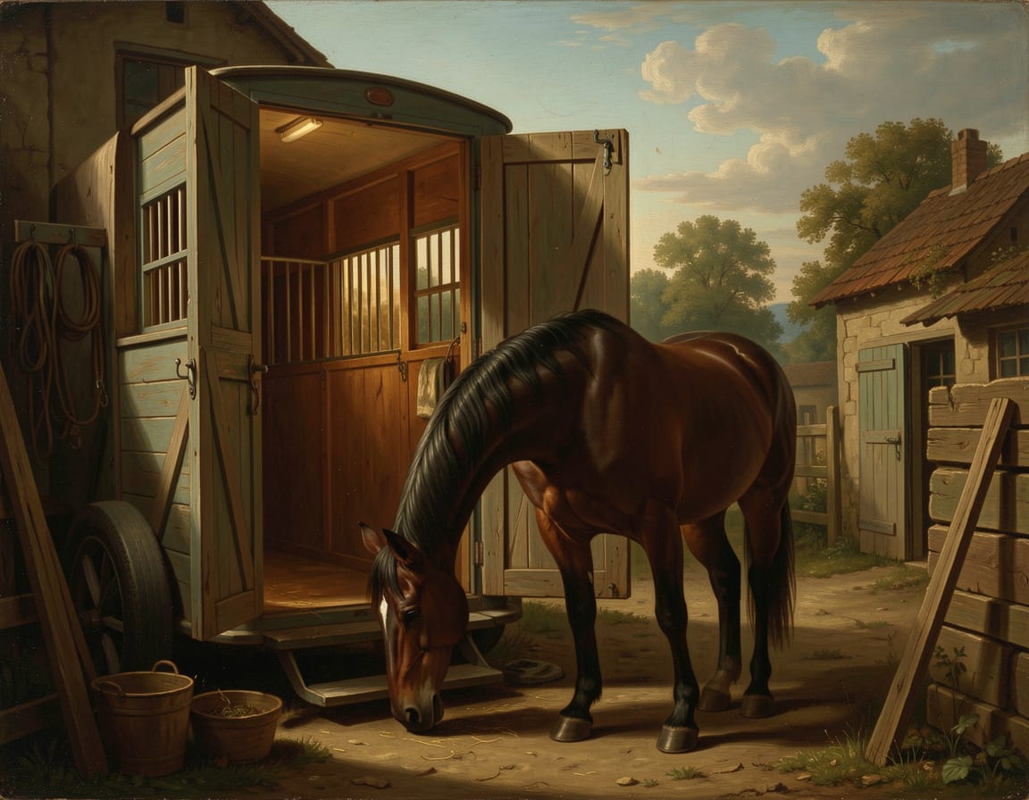 Paard snuffelt rustig aan de open trailer