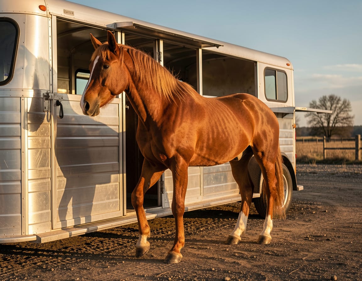 Paard zet één of twee voorbenen in de trailer