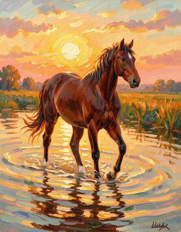 Paard loopt ontspannen door ondiep water