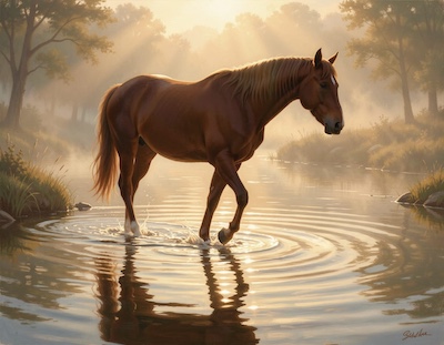 Paard stapt voorzichtig in ondiep water