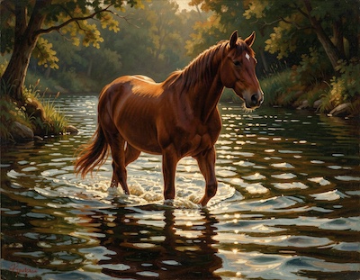 Paard loopt rustig door diepere waterplas