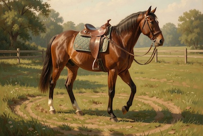 Paard met zadel en longe, rustig cirkels lopend